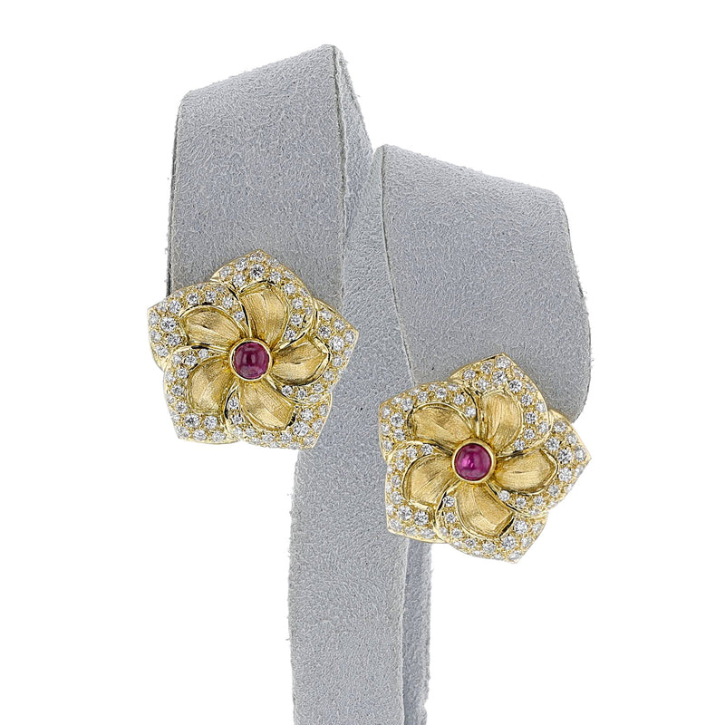 Van Cleef & Arpels Floral Ruby Cabochon and Diamond Earrings, 18k