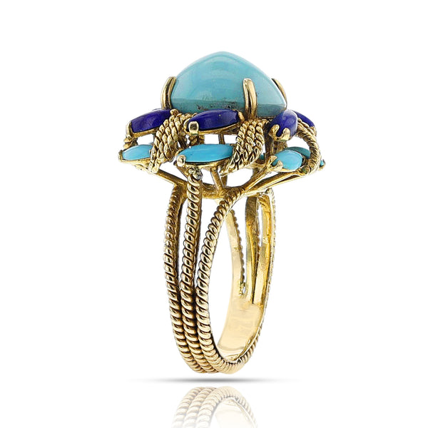 Vintage Turquoise and Lapis Lazuli Cocktail Ring, 14k