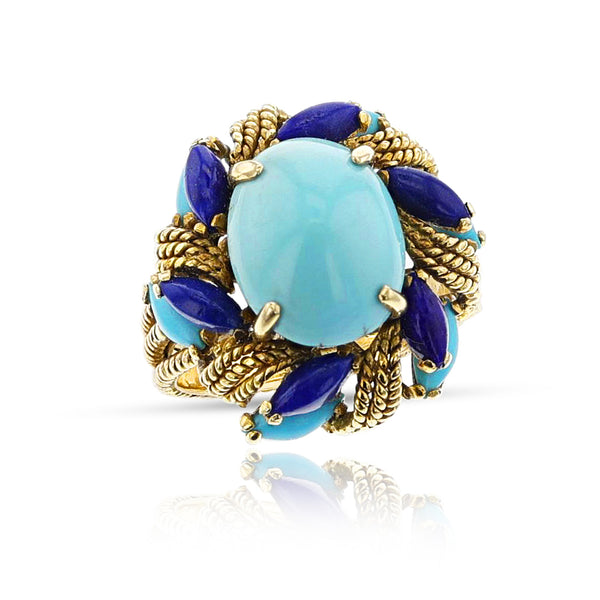 Vintage Turquoise and Lapis Lazuli Cocktail Ring, 14k