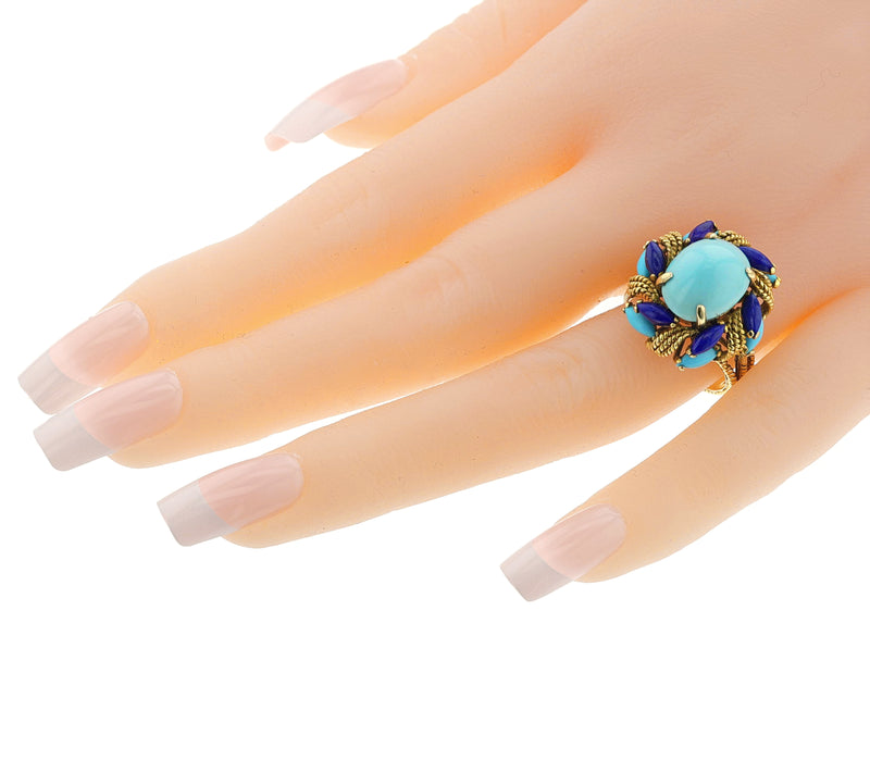 Vintage Turquoise and Lapis Lazuli Cocktail Ring, 14k