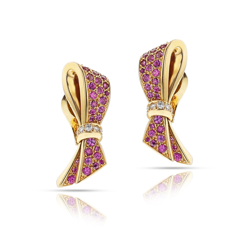 Van Cleef & Arpels Bow Earclips with Pink Sapphires and Diamonds, 18k