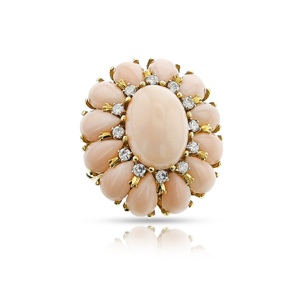 Coral Cabochon and Diamond Floral Cocktail Ring, 18k