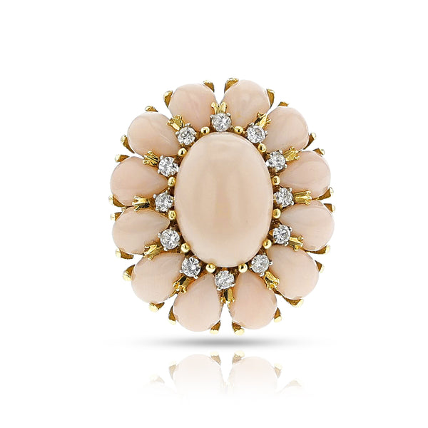 Coral Cabochon and Diamond Floral Cocktail Ring, 18k