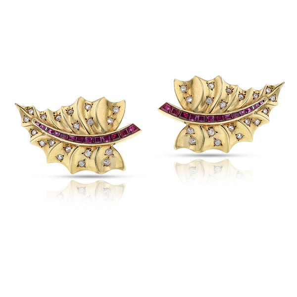 Van Cleef & Arpels Pery et Fils Natural Ruby and Diamond Leaf Earrings, 18k with Certificate of Authenticity