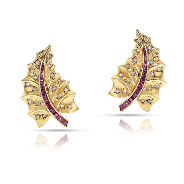 Van Cleef & Arpels Pery et Fils Natural Ruby and Diamond Leaf Earrings, 18k with Certificate of Authenticity