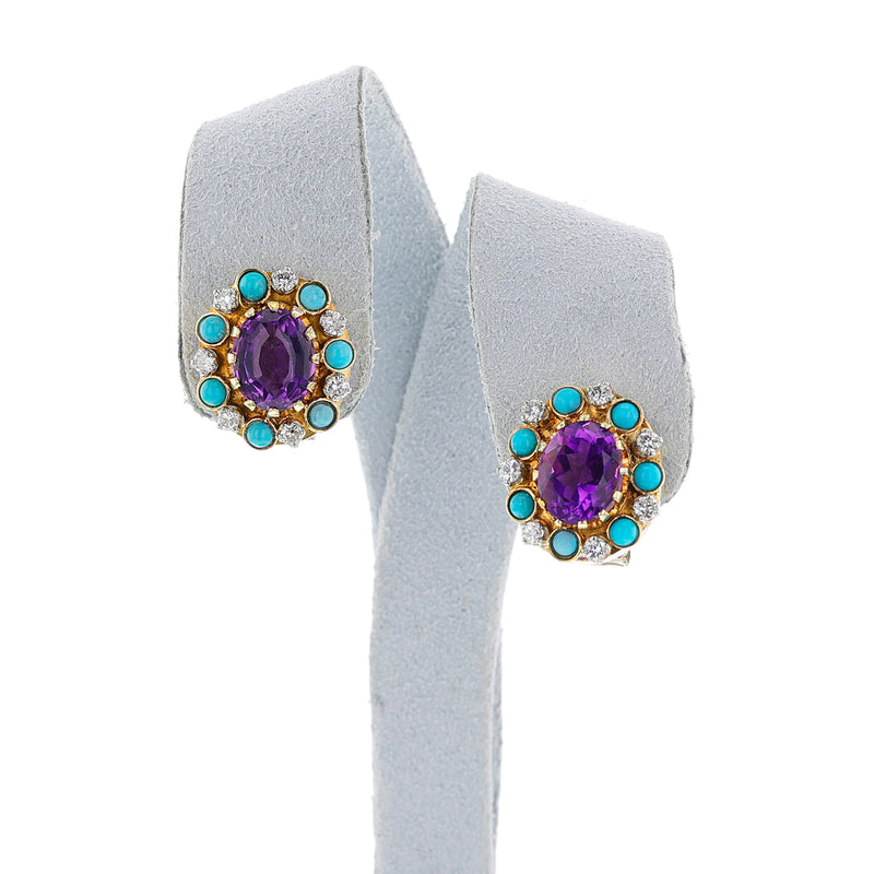 Amethyst, Turquoise and Diamond Ring and Earring Set, 14k Gold