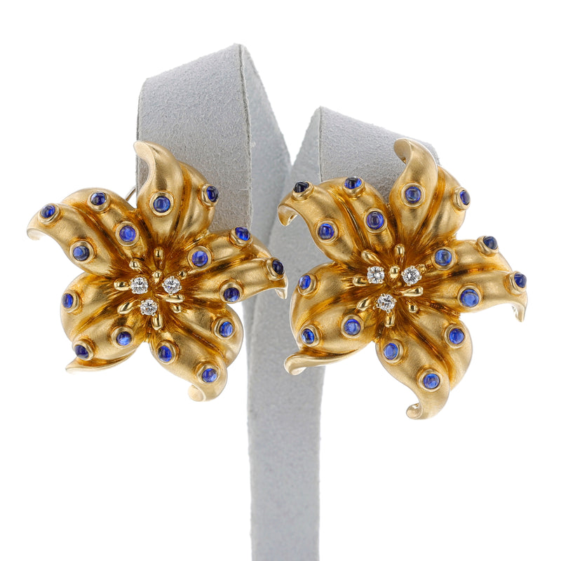 1980s Tiffany & Co. Sapphire and Diamond Flower Earrings, 18k