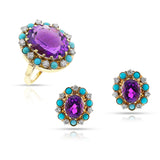 Amethyst, Turquoise and Diamond Ring and Earring Set, 14k Gold