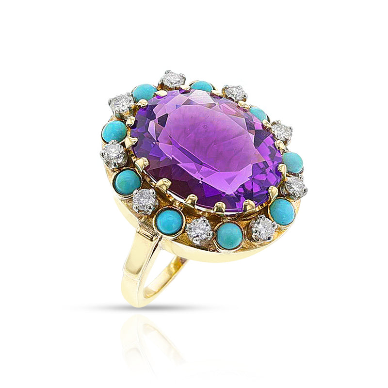 Amethyst, Turquoise and Diamond Ring and Earring Set, 14k Gold