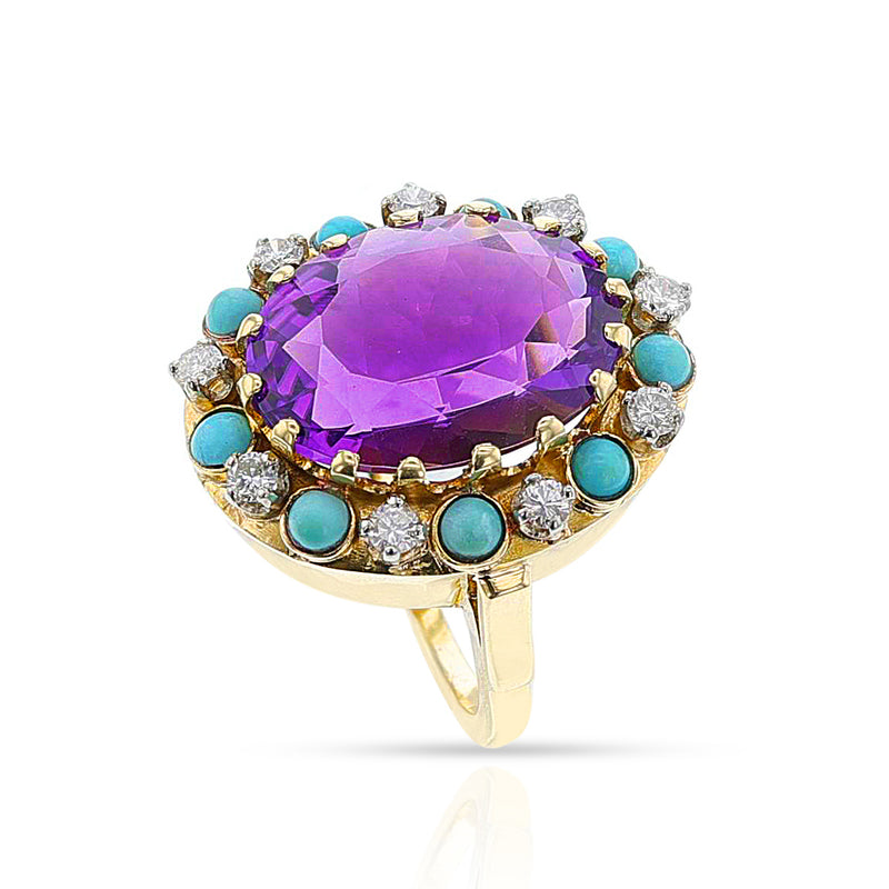 Amethyst, Turquoise and Diamond Ring and Earring Set, 14k Gold