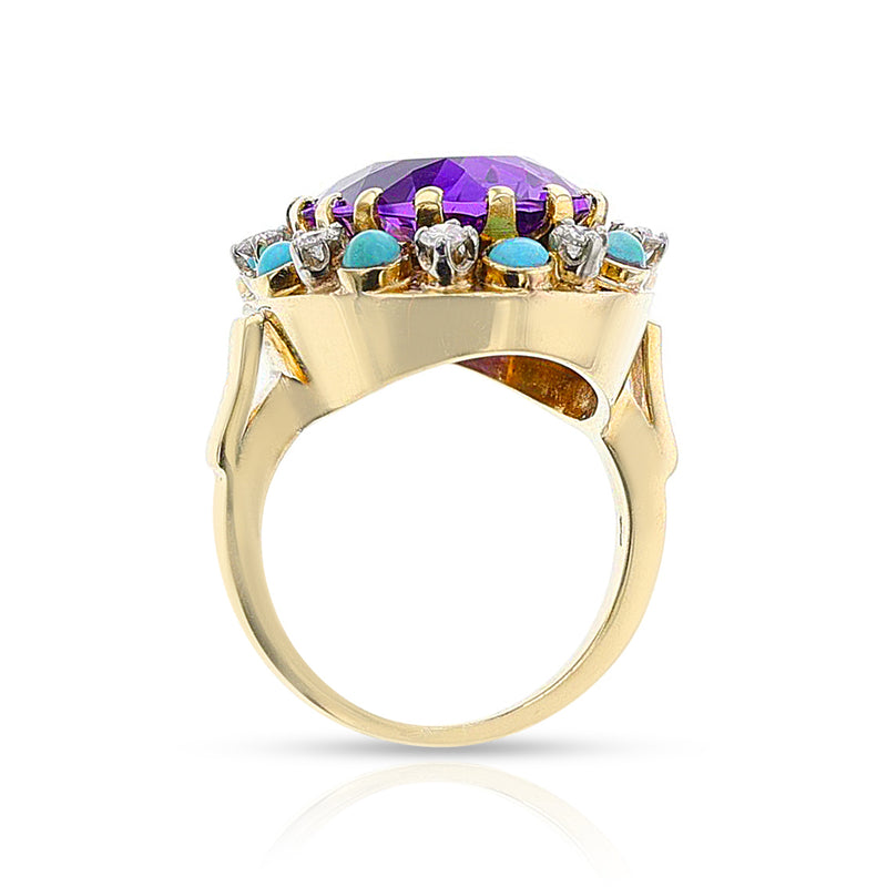 Amethyst, Turquoise and Diamond Ring and Earring Set, 14k Gold