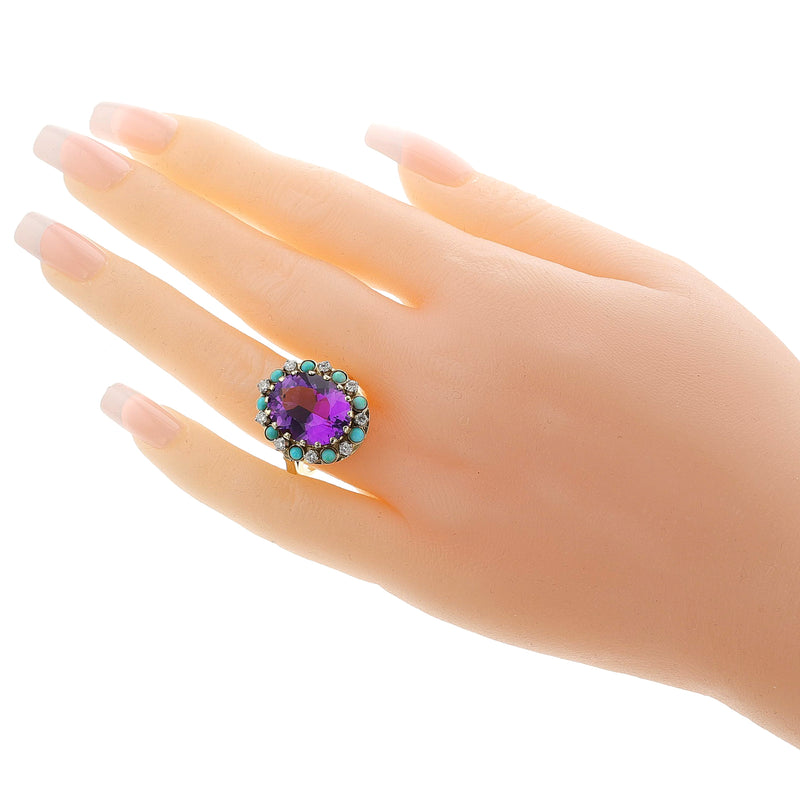 Amethyst, Turquoise and Diamond Ring and Earring Set, 14k Gold