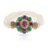 1970s Vourakis Cultured Pearl, Ruby, Emerald, Sapphire and Diamond Set of Necklace, Bracelet and Ring