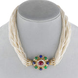 1970s Vourakis Cultured Pearl, Ruby, Emerald, Sapphire and Diamond Set of Necklace, Bracelet and Ring