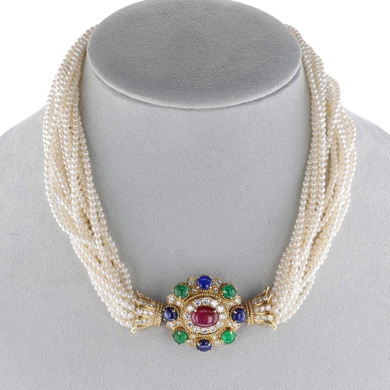 1970s Vourakis Cultured Pearl, Ruby, Emerald, Sapphire and Diamond Set of Necklace, Bracelet and Ring