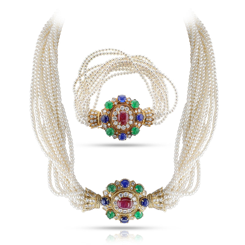 1970s Vourakis Cultured Pearl, Ruby, Emerald, Sapphire and Diamond Set of Necklace, Bracelet and Ring