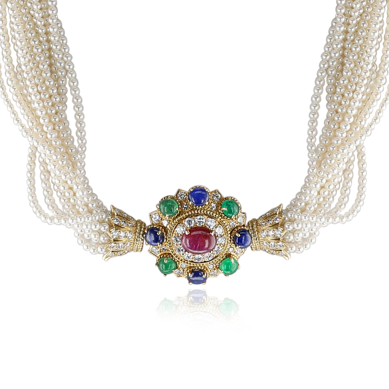 1970s Vourakis Cultured Pearl, Ruby, Emerald, Sapphire and Diamond Set of Necklace, Bracelet and Ring