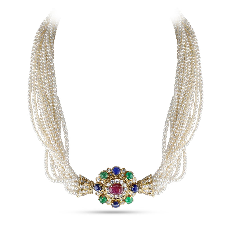 1970s Vourakis Cultured Pearl, Ruby, Emerald, Sapphire and Diamond Set of Necklace, Bracelet and Ring