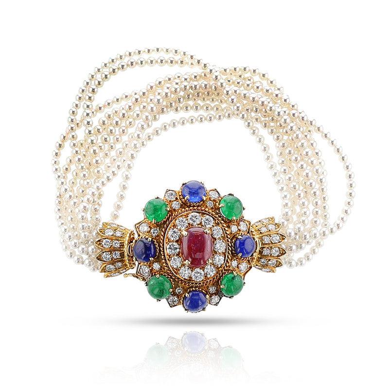 1970s Vourakis Cultured Pearl, Ruby, Emerald, Sapphire and Diamond Set of Necklace, Bracelet and Ring