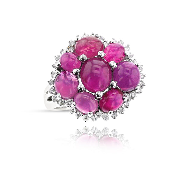 Ruby Cabochon and Diamond Cluster Ring, Platinum