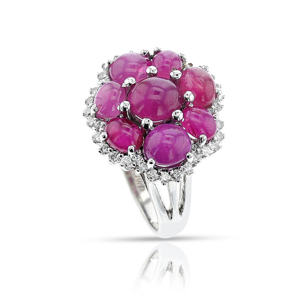 Ruby Cabochon and Diamond Cluster Ring, Platinum