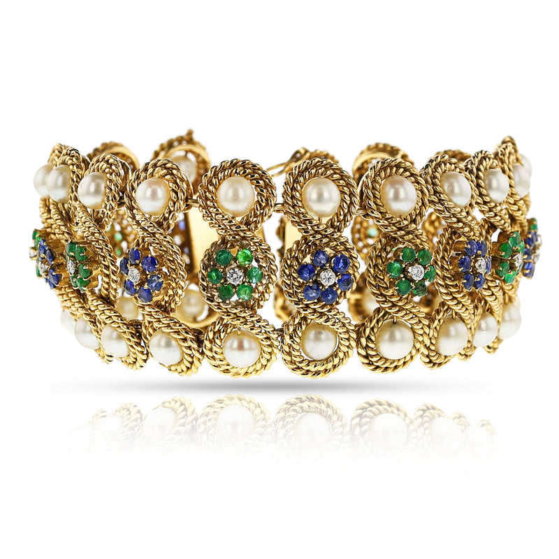 Pearl, Emerald, Diamond and Sapphire, 18k Ropework Design Bracelet