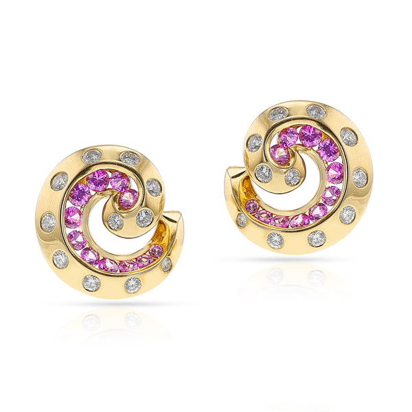 Van Cleef & Arpels Retro Pink Sapphire and Diamond Swirl Earring, 18k