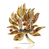 French Van Cleef & Arpels Péry et Fils Textured Gold, Diamond and Ruby Cabochon Brooch, 18k