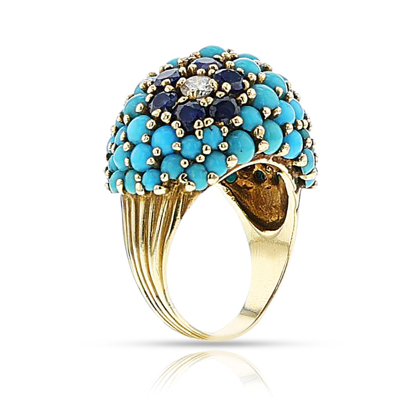 Turquoise, Sapphire and Diamond Bombe Ring, 18k