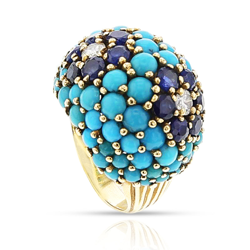 Turquoise, Sapphire and Diamond Bombe Ring, 18k