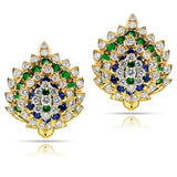 Leaf-Shape Diamond, Sapphire, and Emerald Large Cocktail Earrings, 18k