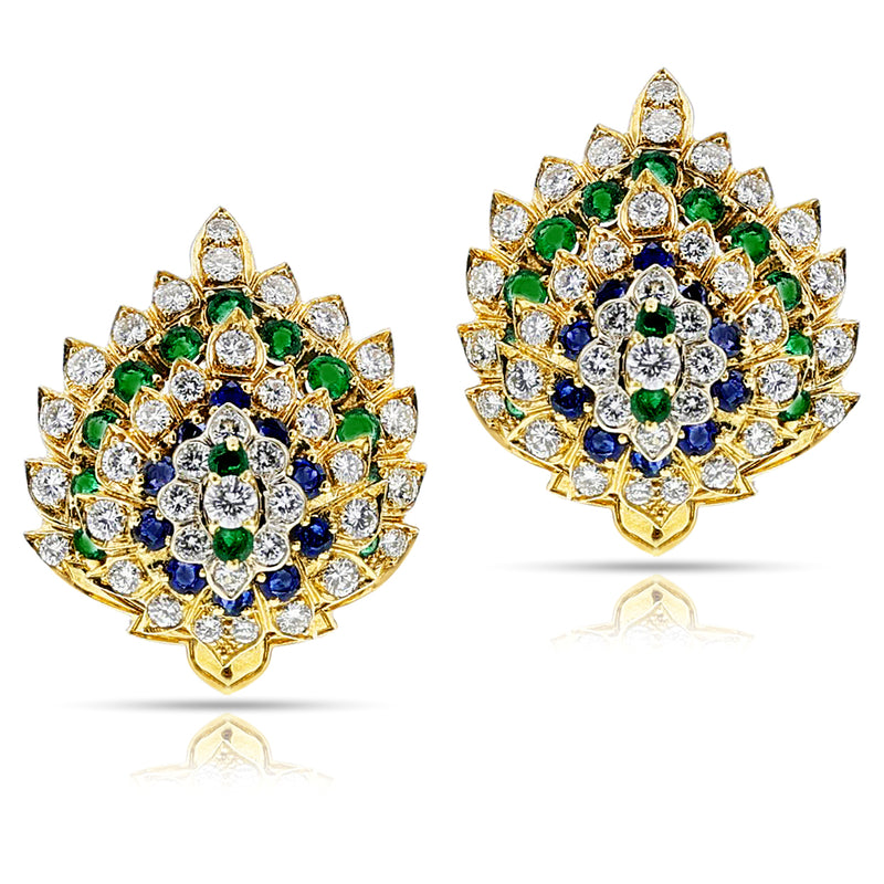 Leaf-Shape Diamond, Sapphire, and Emerald Large Cocktail Earrings, 18k