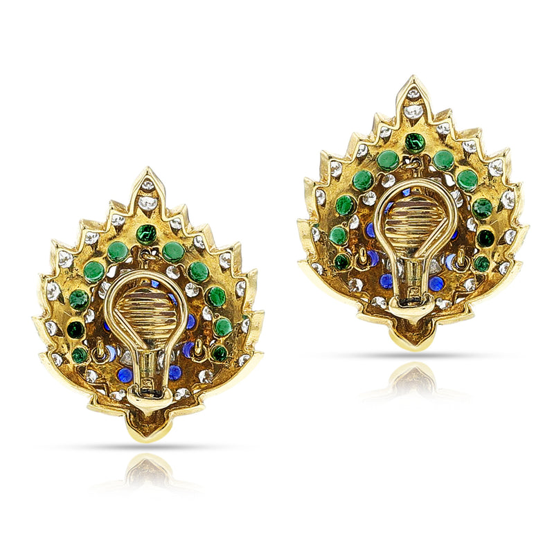 Leaf-Shape Diamond, Sapphire, and Emerald Large Cocktail Earrings, 18k