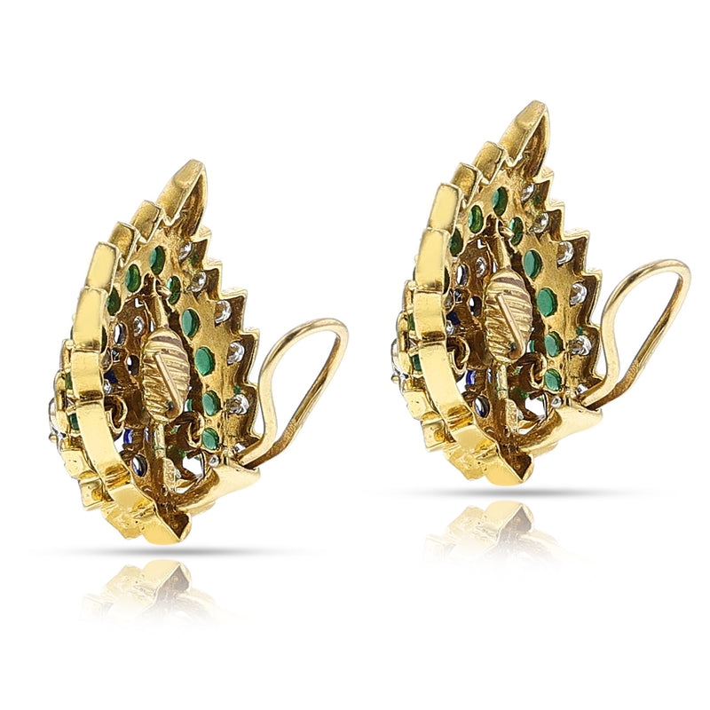 Leaf-Shape Diamond, Sapphire, and Emerald Large Cocktail Earrings, 18k