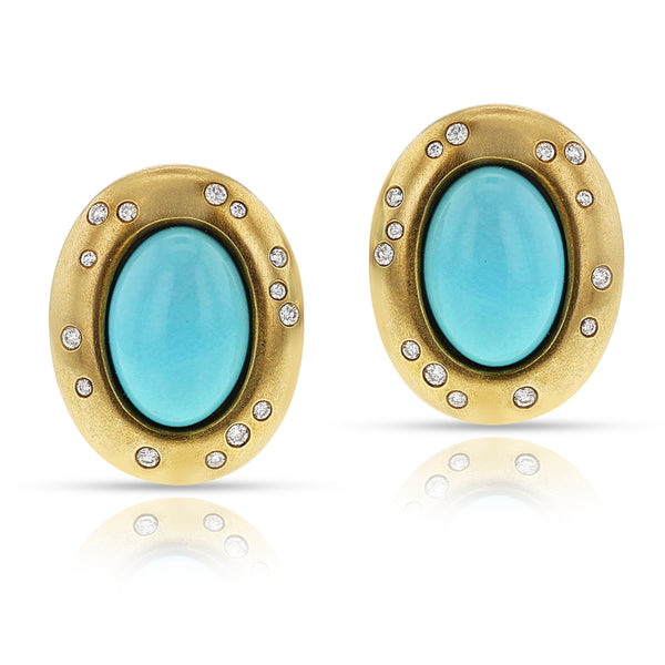 Tiffany Turquoise Cabochon Earrings with Diamonds, 18k