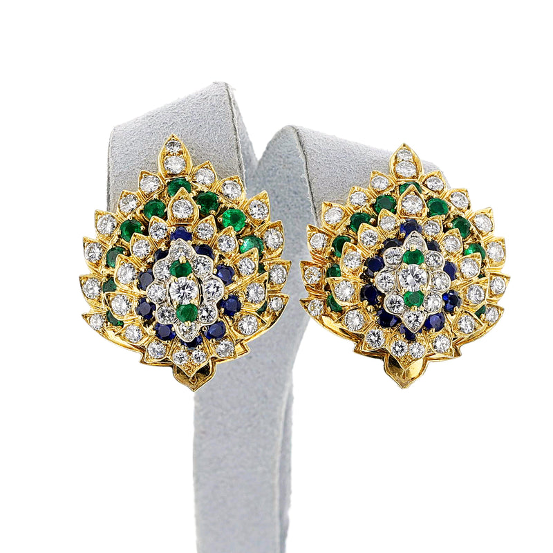 Leaf-Shape Diamond, Sapphire, and Emerald Large Cocktail Earrings, 18k