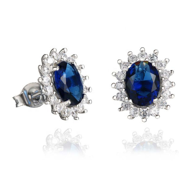 Sapphire Blue Oval Cubic Zirconia Sterling Silver Earrings