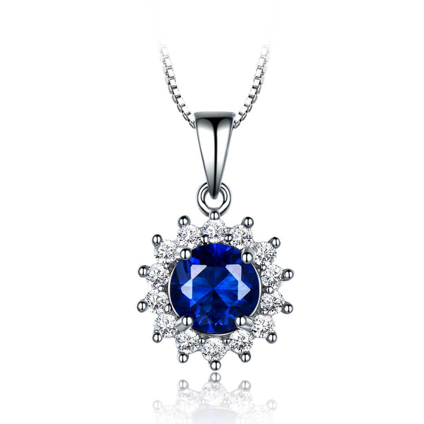 Round Sapphire Blue Cubic Zirconia Pendant Necklace, Sterling Silver