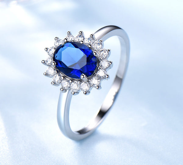 Sapphire Blue Oval Cubic Zirconia Sterling Silver Ring