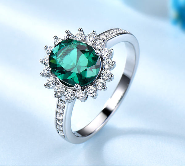 Emerald Green Oval 7 x 9 Cubic Zirconia Sterling Silver Ring