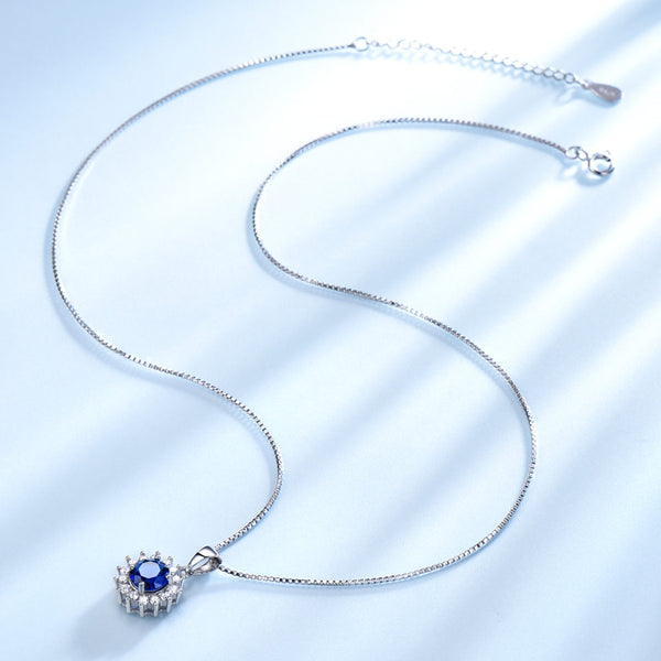 Round Sapphire Blue Cubic Zirconia Pendant Necklace, Sterling Silver