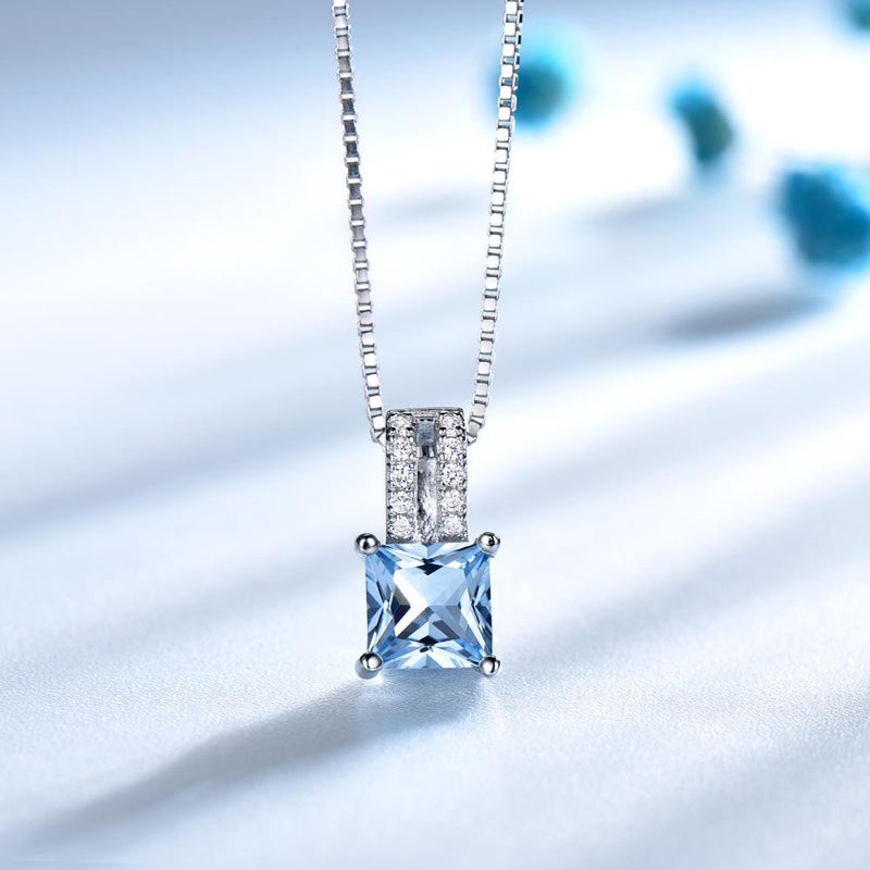 Square Aquamarine Sky Blue Cubic Zirconia Pendant Necklace, Sterling Silver