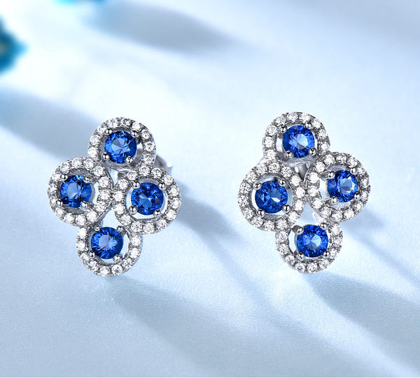 Four Round Circular Blue Sapphire Cubic Zirconia Sterling Silver Earrings