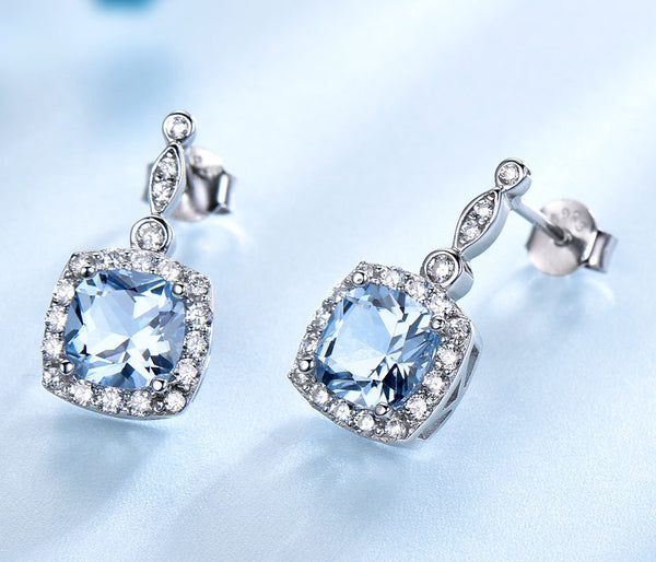 Cushion Aquamarine Sky Blue Cubic Zirconia Sterling Silver Earrings