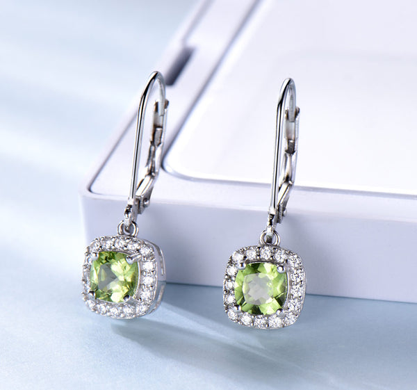 Cushion Peridot Green Cubic Zirconia Sterling Silver Earrings