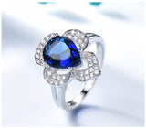 Pear Shape Sapphire Blue Cubic Zirconia Four-Clover Style Sterling Silver Ring