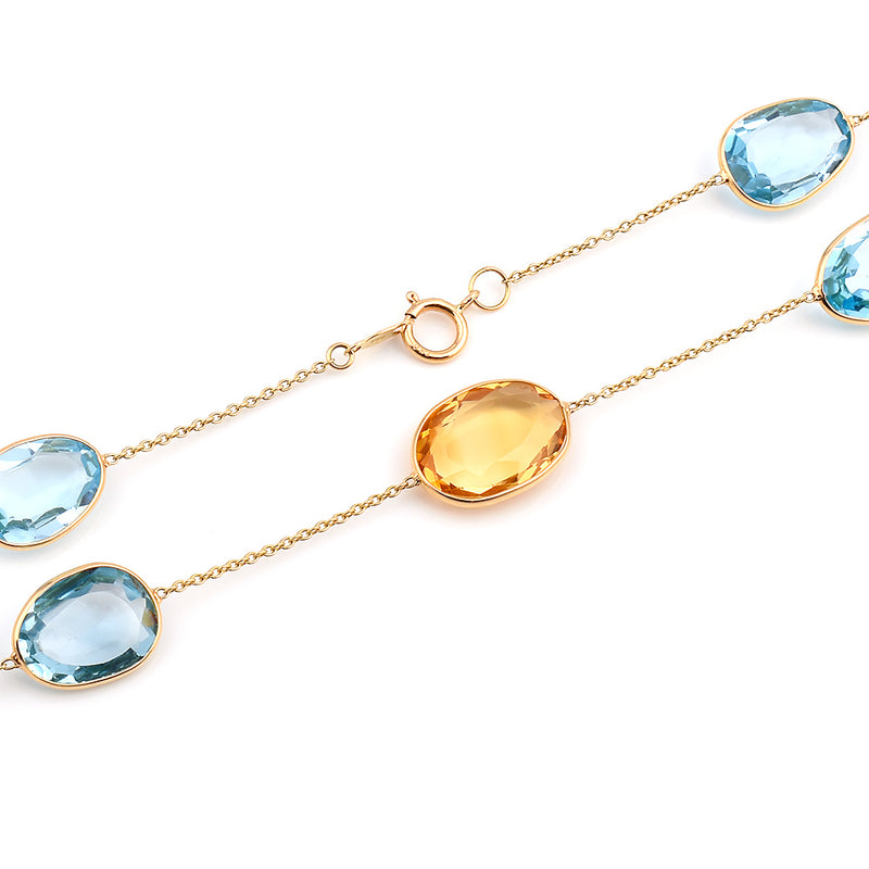 Oval shape Blue Topaz and Citrine Necklace, 18 Karat Gold