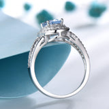 Oval Aquamarine Sky Blue Cubic Zirconia Double Halo Split Shank Sterling Silver Ring