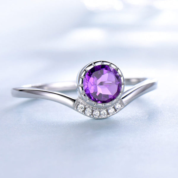 Round 5MM Amethyst Purple Cubic Zirconia Sterling Silver Ring