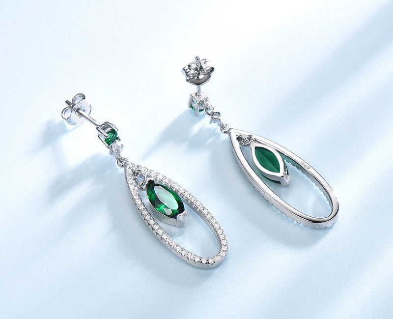 Dangling Round and Marquise Emerald Green Cubic Zirconia Sterling Silver Earrings